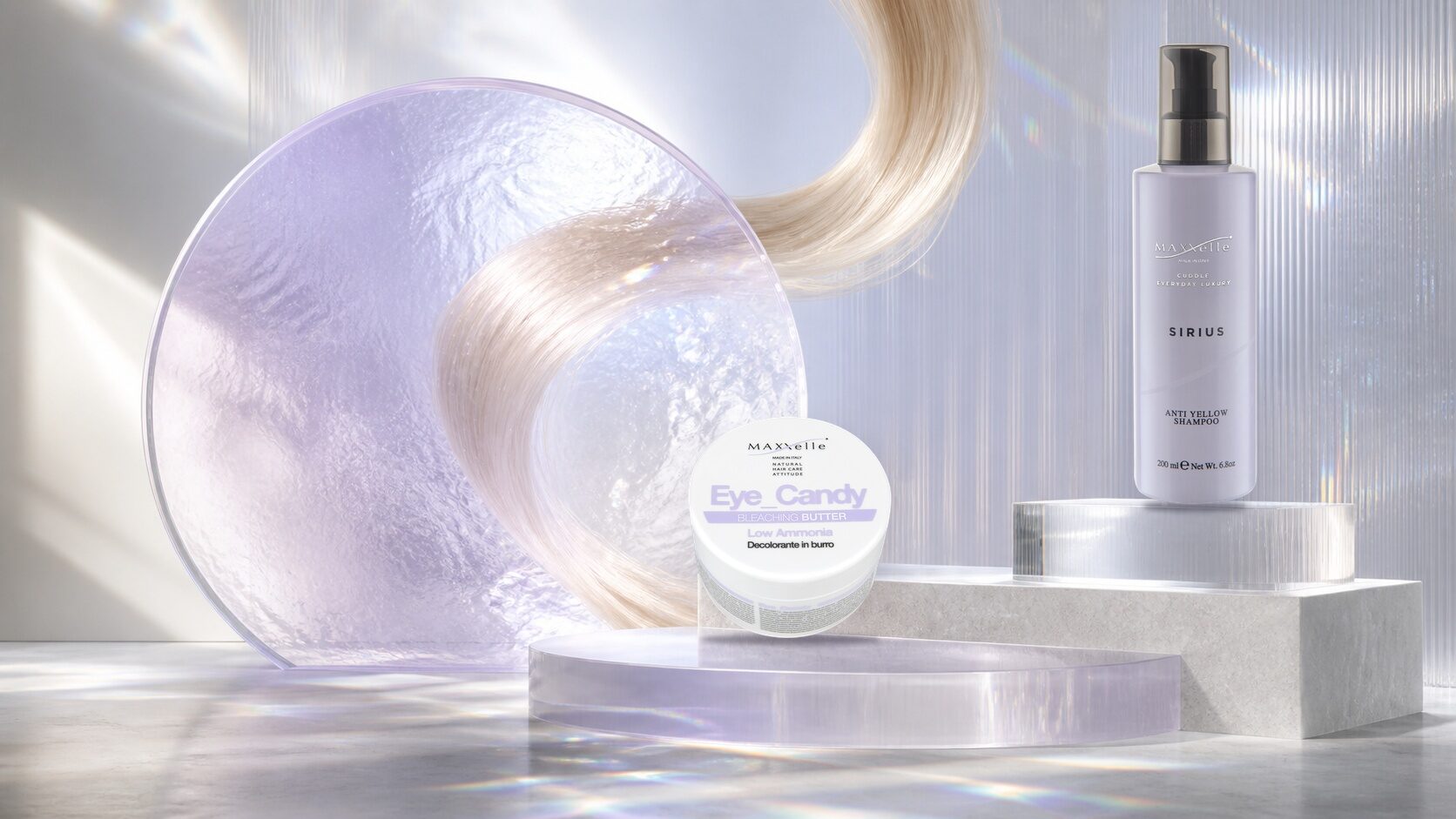 EYE CANDY Bleaching Butter a SIRIUS Anti Yellow Shampoo v optické profesionální kampani